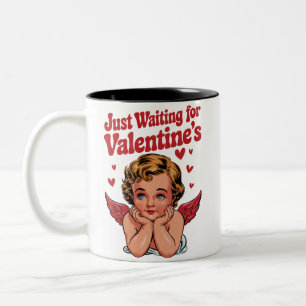 Just Waiting For Valentine's Retro Baby Cupid Love Two-Tone Coffee Mug