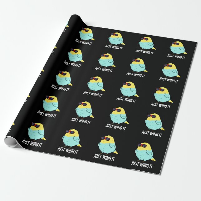 Just Wing It Funny Bird Pun Dark BG Wrapping Paper (Unrolled)
