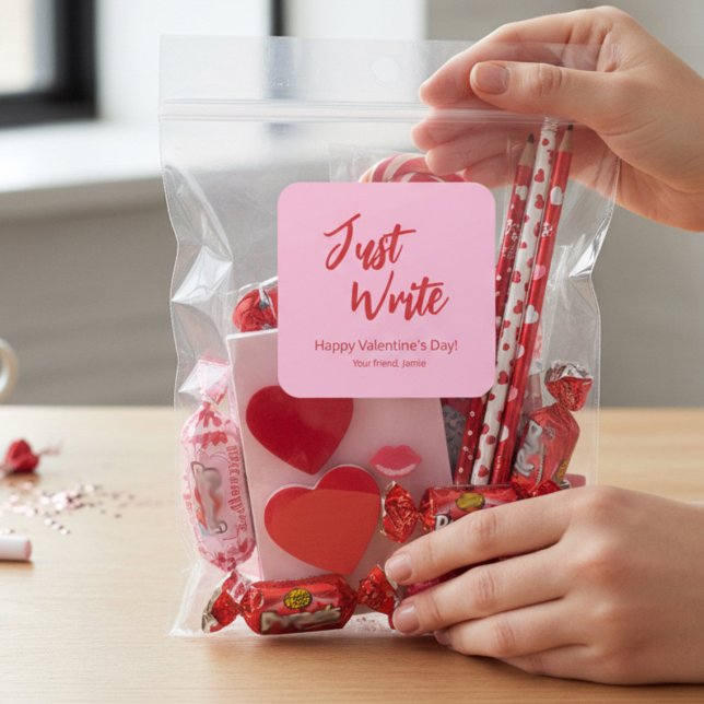 Just Write Valentine Pink Red Custom Square Sticker (Just Write teacher Valentine's Day stickers.)