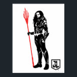 Justice League | Aquaman Pose Noir Pop Art Poster<br><div class="desc">Check out this black and white silhouette of Justice League's Aquaman as he stands with his trident. This noir style graphic is accented with his trident coloured in bright red.</div>