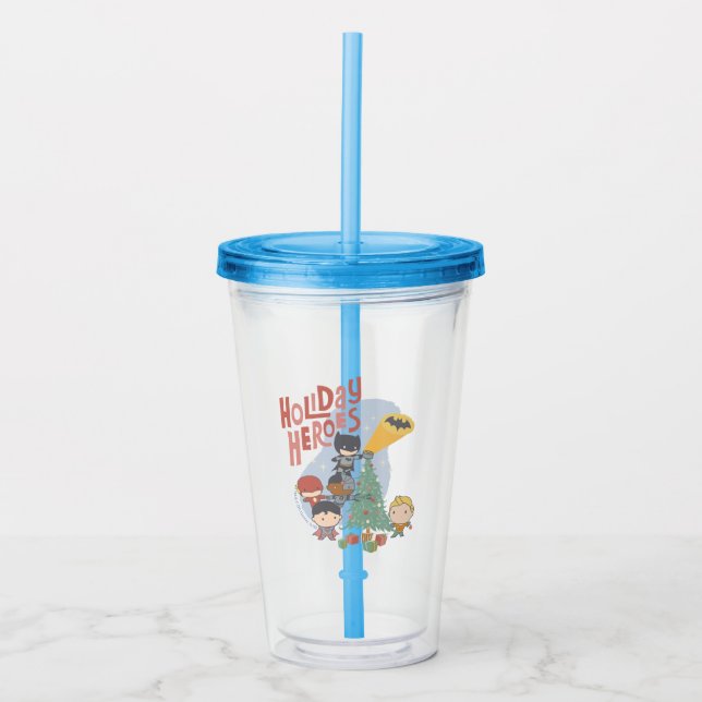 Justice League Chibi Holiday Tree Decorating Acrylic Tumbler (Front)