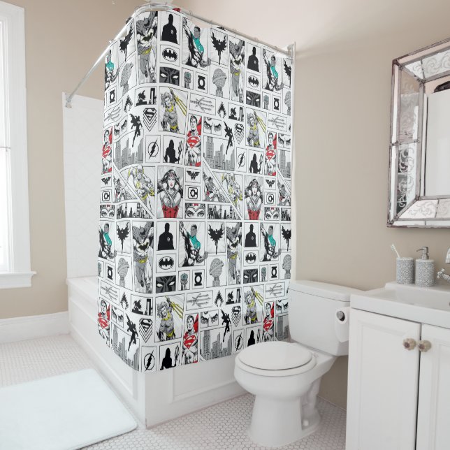 Justice League Heroic Panel Pattern Shower Curtain (In Situ)