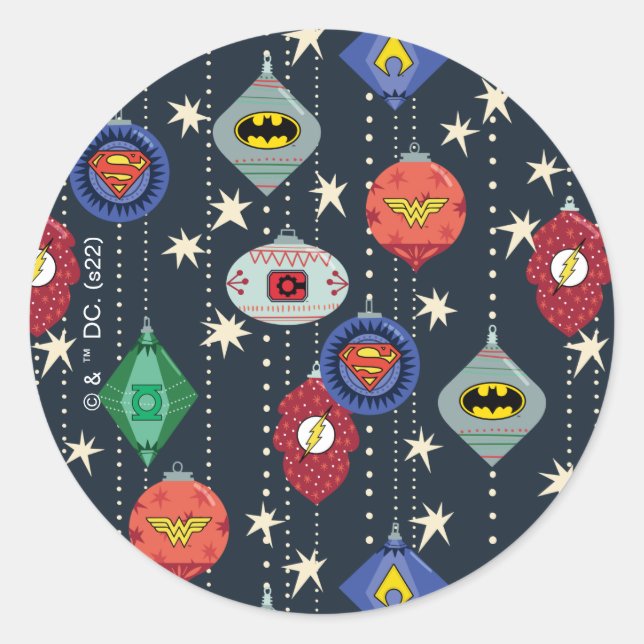 Justice League Holiday Bauble Pattern Classic Round Sticker (Front)
