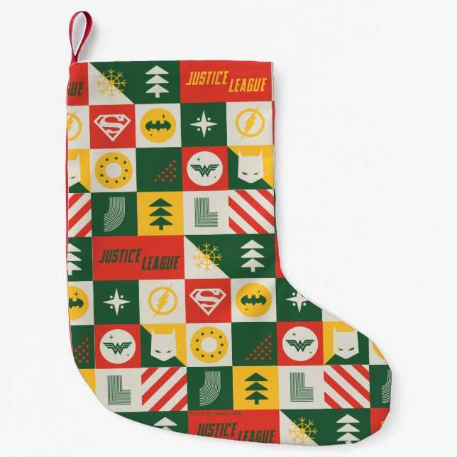 Justice League Holiday Grid Pattern Small Christmas Stocking (Front)