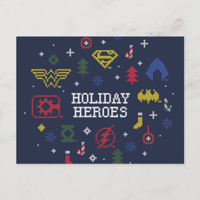 Justice League "Holiday Heroes" Faux Cross-Stitch Holiday Postcard (Front)