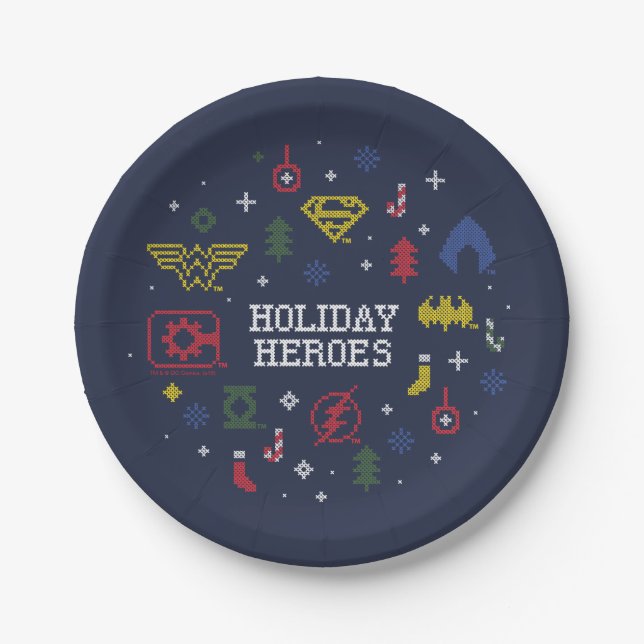 Justice League "Holiday Heroes" Faux Cross-Stitch Paper Plate (Front)
