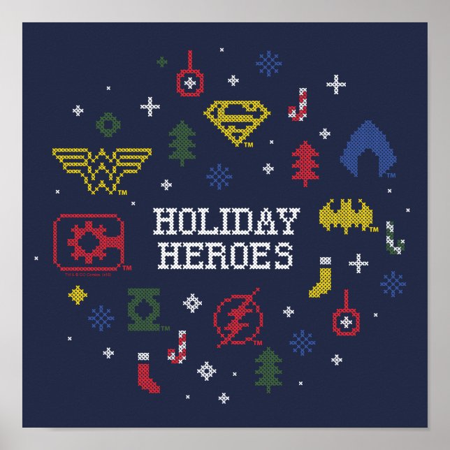Justice League "Holiday Heroes" Faux Cross-Stitch Poster (Front)