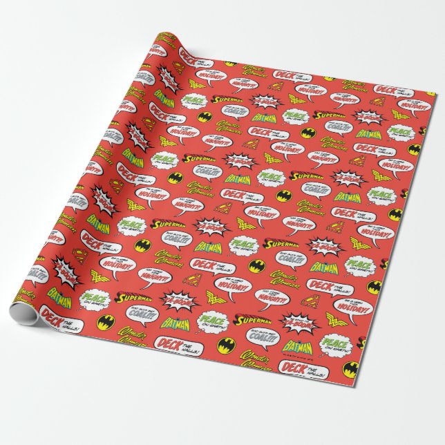 Justice League Holiday Logo Pattern Wrapping Paper (Unrolled)