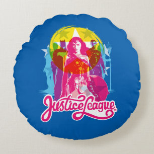 Justice League   Retro Group & Logo Pop Art Round Cushion