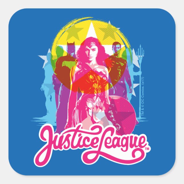 Justice League | Retro Group & Logo Pop Art Square Sticker (Front)
