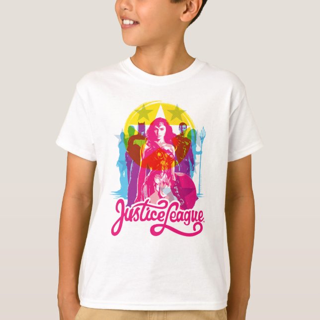 Justice League | Retro Group & Logo Pop Art T-Shirt (Front)
