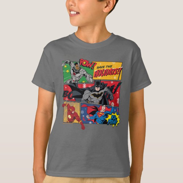 Justice League "Save the Holidays!" T-Shirt (Front)