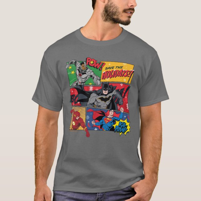 Justice League "Save the Holidays!" T-Shirt (Front)