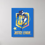 Justice League | Wonder Woman JL Logo Pop Art Canvas Print<br><div class="desc">Check out Justice League's Wonder Woman holding her Lasso of Truth,  ready to throw it. This high contrast pop art drawing of Wonder Woman is placed on top of a golden Justice League JL shield logo,  with the Justice League name logo written down below.</div>