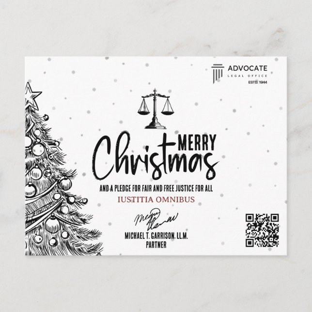 Justice, Legal, Law Firm and Lawyer to Clients  Holiday Postcard (Front)
