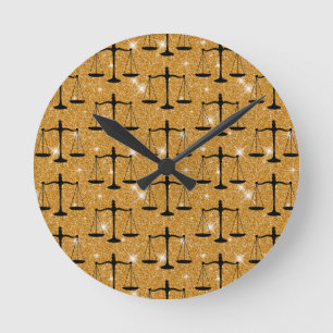 Justice Symbol Balanced Scales Golden Glitter Round Clock