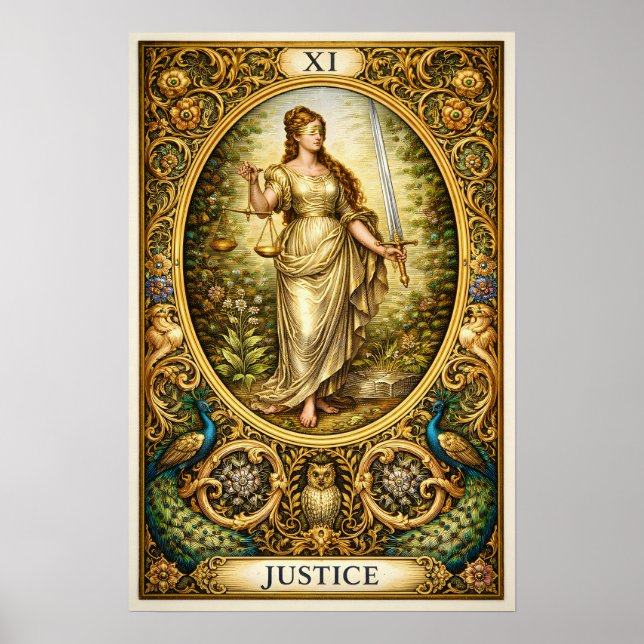 Justice Tarot Card XI – Pre-Raphaelite Gold  Poster (Front)