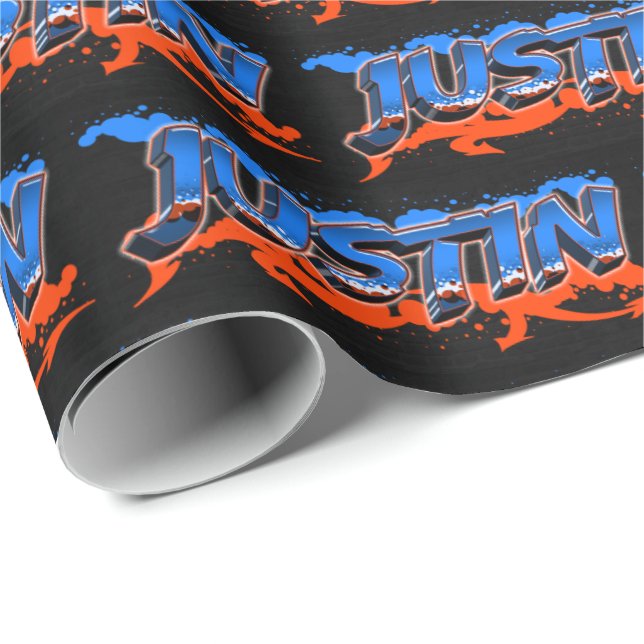 Justin First Name Graffiti blue orange Wrapping Paper (Roll Corner)