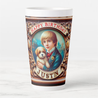JUSTIN ~ Vintage boy ~ Puppy ~ Happy Birthday ~  Latte Mug