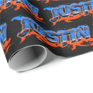 Justin Vorname Name Graffiti blue orange Wrapping Paper