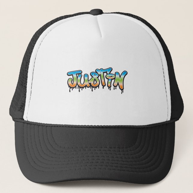 Justin Your Name graffiti Trucker Hat (Front)