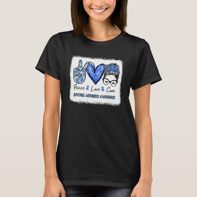 Juvenile Arthritis Awareness Blue Ribbon Peace Lov T-Shirt (Front)