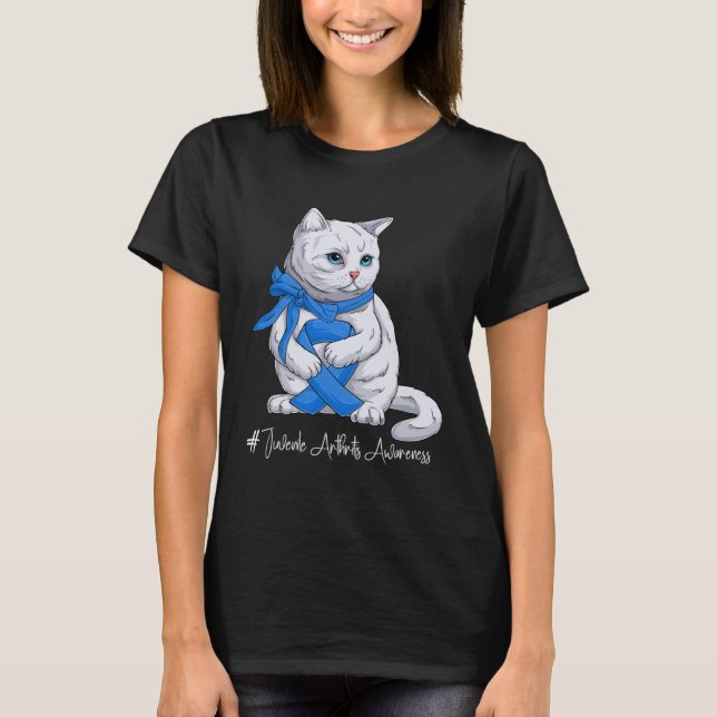 Juvenile Arthritis Awareness Month Blue Ribbon Cat T-Shirt (Front)