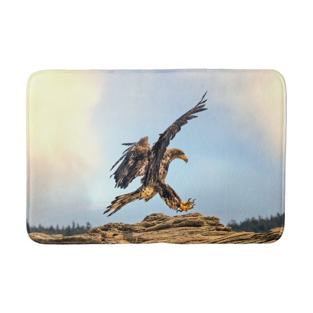 Juvenile Bald Eagle practicing its landing skills. Bath Mat (Front)