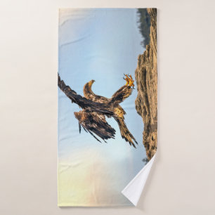 Juvenile Bald Eagle practicing its landing skills. Bath Towel