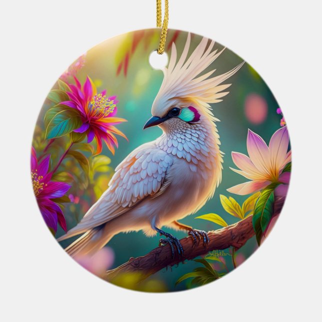 Juvenile Crested Blush Feather Dove Fantasy Bird Ceramic Tree Decoration (Front)