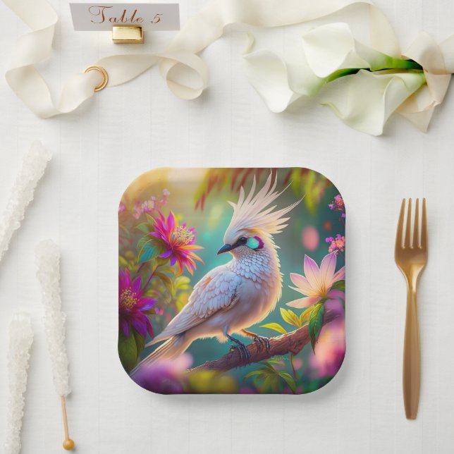 Juvenile Crested Blush Feather Dove Fantasy Bird Paper Plate (Wedding)