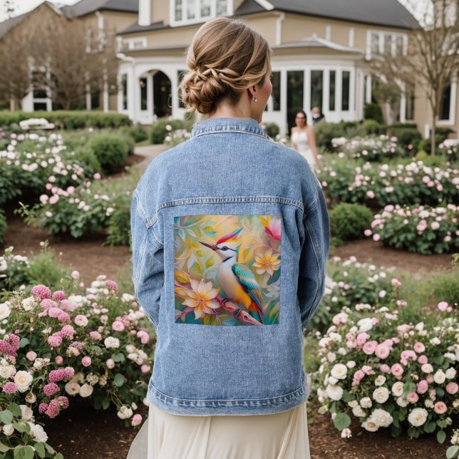Juvenile Rainbow Woodpecker Fantasy Bird Denim Jacket (Wedding Back)
