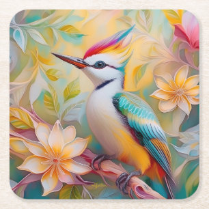 Juvenile Rainbow Woodpecker Fantasy Bird Square Paper Coaster