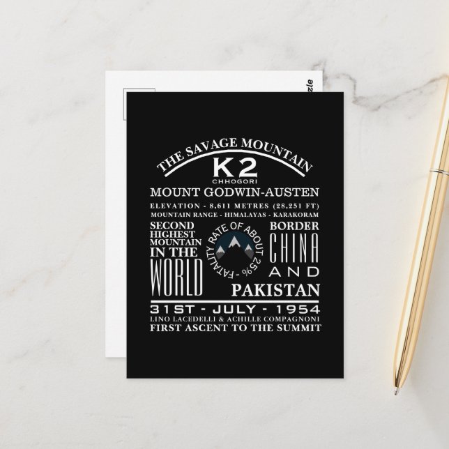 K2, Mountain Expedition Information Postcard (Front/Back In Situ)