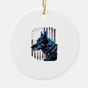 K9 German Shepherd Police Dog Thin Blue Line Flag Ceramic Tree Decoration