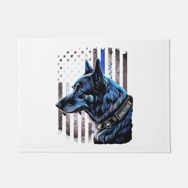 K9 German Shepherd Police Dog Thin Blue Line Flag Doormat (Front)