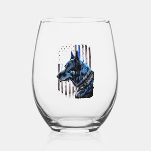 K9 German Shepherd Police Dog Thin Blue Line Flag Stemless Wine Glass