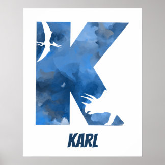 "K" Dinosaur Watercolor Blue Child's Name Poster