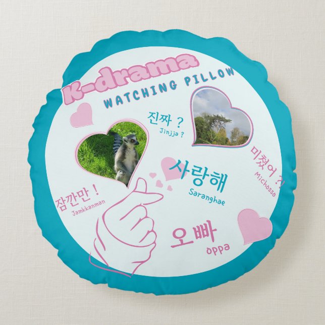 K drama 2 Photo Collage korean typography watching Round Cushion (Front)