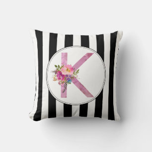K, Floral Monogram initial , watercolor flower Cushion