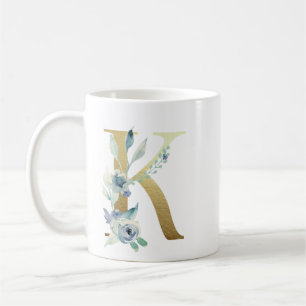 K golden initial with blue floral foliage coffee mug