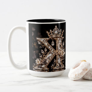 K Letter Beige Crystal Luxury Design Two-Tone Coffee Mug
