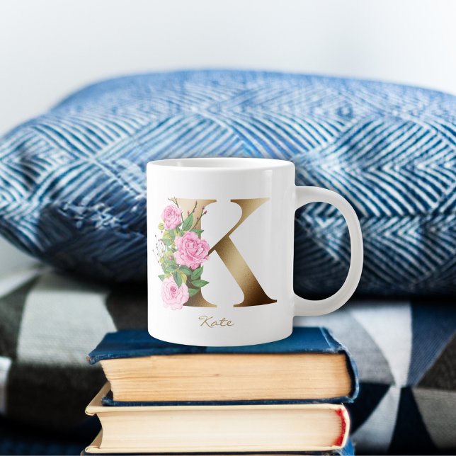 K Letter Gold Monogram | Pink Roses Floral Large Coffee Mug (Creator Uploaded)