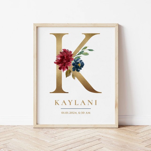 K Letter Monogram Name Marsala Floral Nursery Poster (Creator Uploaded)