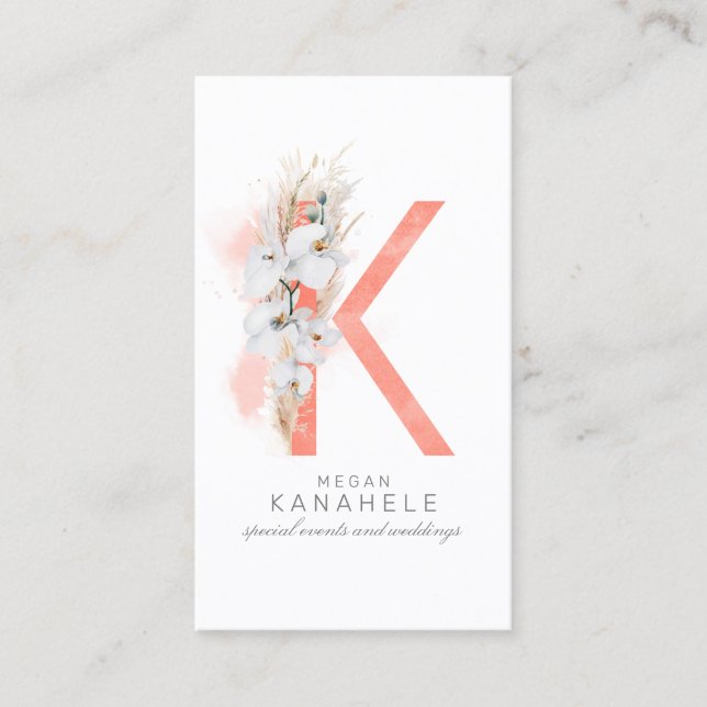 K Letter Monogram White Orchids and Pampas Grass Business Card (Front)