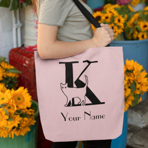 K Monogram Cat Lover Blush Pink And Black Tote Bag