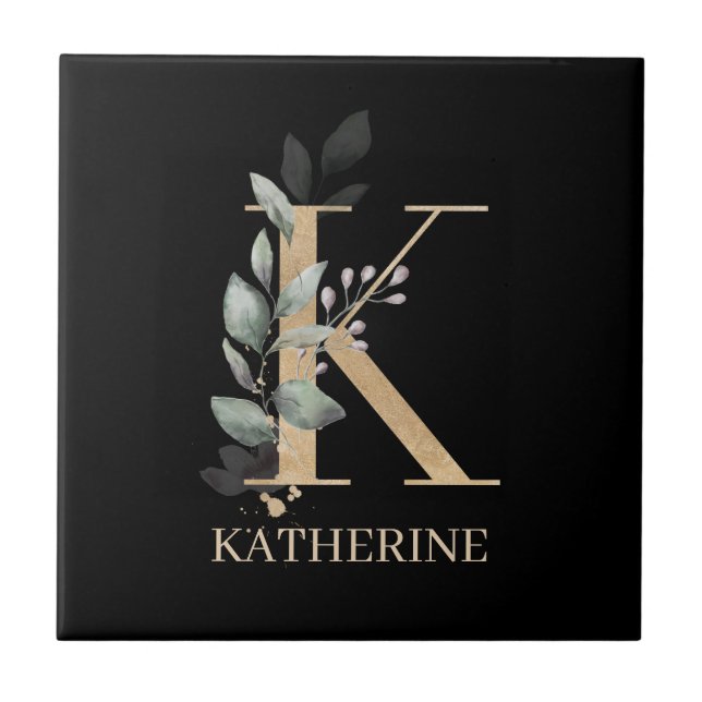 K Monogram Floral Personalised Ceramic Tile (Front)