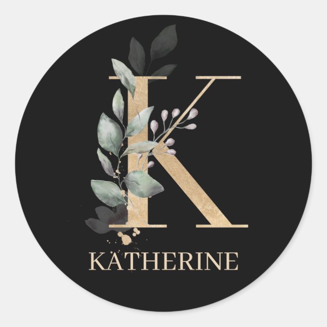 K Monogram Floral Personalised Classic Round Stick Sticker (Front)