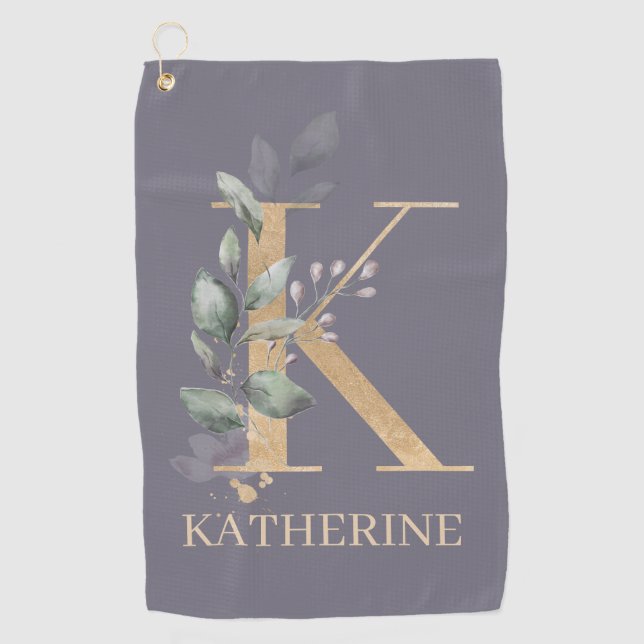 K Monogram Floral Personalised Golf Towel (Front)