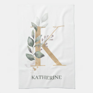 K Monogram Floral Personalised Kitchen Towel